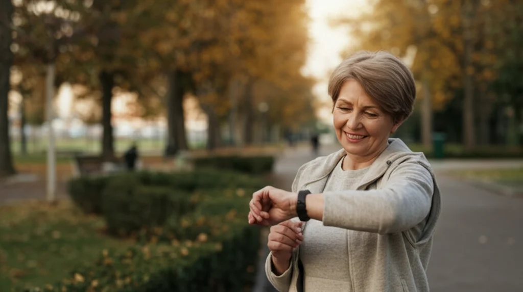 Fotografia realistica di una donna anziana sorridente che guarda il suo smartwatch dopo una passeggiata in un parco autunnale. Obiettivo prime 50mm, luce dorata del tardo pomeriggio, profondità di campo ridotta per sfocare lo sfondo, colori caldi.