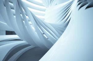 Fotografia realistica grandangolare, obiettivo 15mm, che mostra una grande e intricata struttura a intreccio iperbolico fatta di nastri curvi bianchi lucidi e leggermente riflettenti, elegantemente posizionata in uno spazio architettonico moderno e minimalista con illuminazione soffusa e diffusa, messa a fuoco nitida, enfatizzando la unica curvatura negativa.