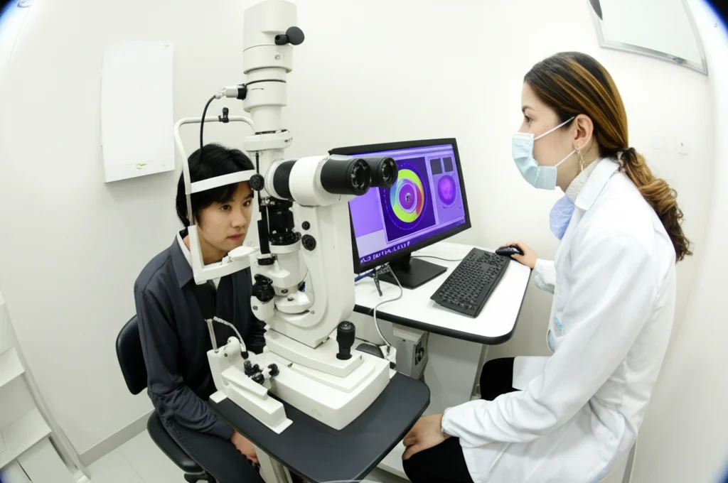 Fotografia wide-angle, 24mm, messa a fuoco nitida, che mostra una sala d'esame oftalmologica moderna con un paziente seduto davanti a un anomaloscopio HMC collegato a un computer, mentre un oculista osserva i risultati sullo schermo. L'ambiente è luminoso e pulito.