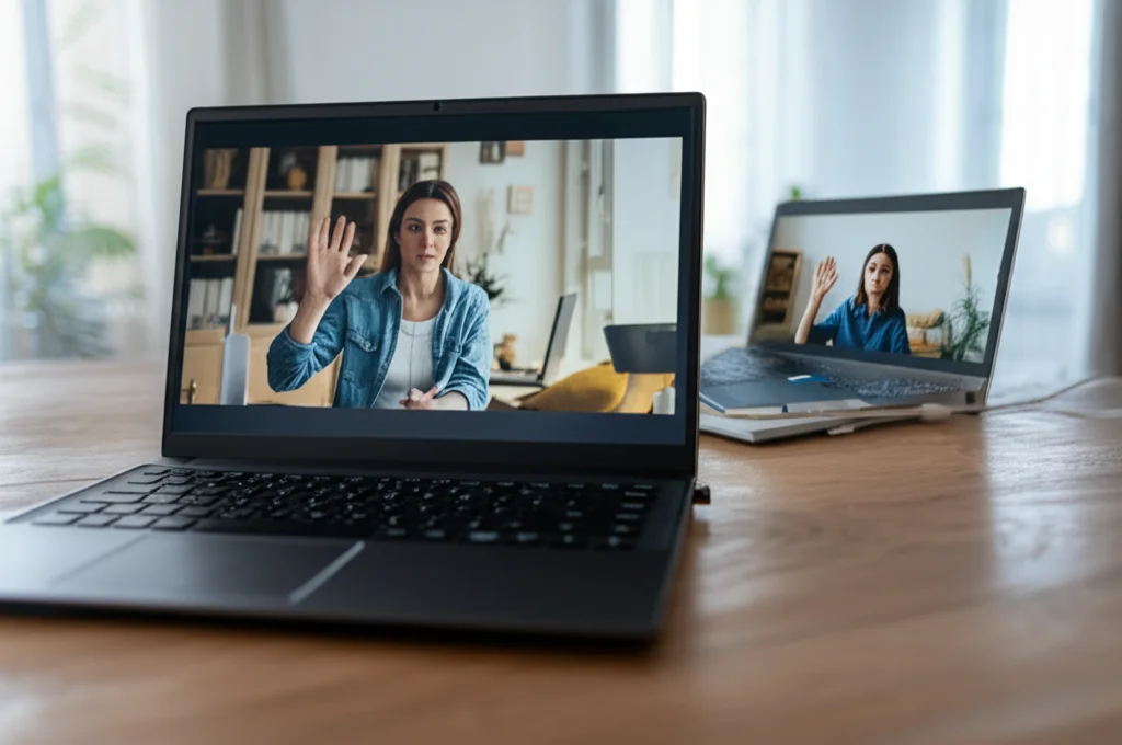 Gruppo diversificato di studenti universitari che partecipano attivamente a una lezione online sincrona dai loro laptop in diversi ambienti domestici, alcuni alzano la mano virtualmente, altri parlano. Obiettivo zoom 24-70mm, messa a fuoco nitida sui volti attenti, illuminazione varia ma naturale.