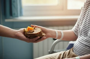 Immagine simbolica: primo piano di una mano che offre cibo nutriente (frutta colorata, noci, un pezzo di pane integrale) a una persona simboleggiante un paziente con anemia falciforme, riconoscibile da un braccialetto ospedaliero al polso. Obiettivo 50mm, luce naturale calda e morbida proveniente da una finestra, focus selettivo sulla mano che offre il cibo e sul cibo stesso, sfondo leggermente sfocato per mantenere l'attenzione sul gesto di cura.