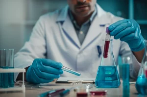 Medico pediatra che esamina attentamente una provetta di sangue in un laboratorio clinico moderno, focus sull'analisi del DNA virale EBV, obiettivo prime 35mm, profondità di campo, luce soffusa ma focalizzata sulla provetta.