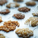 Primo piano fotorealistico di chicchi di grano di diverse varietà disposti ordinatamente su una superficie high-tech illuminata. Sovrapposizioni grafiche digitali astratte simboleggiano l'analisi tramite intelligenza artificiale. Obiettivo macro 90mm, alta definizione dei dettagli e delle texture dei chicchi, illuminazione laterale morbida che crea ombre delicate, sfondo tecnologico leggermente sfocato.