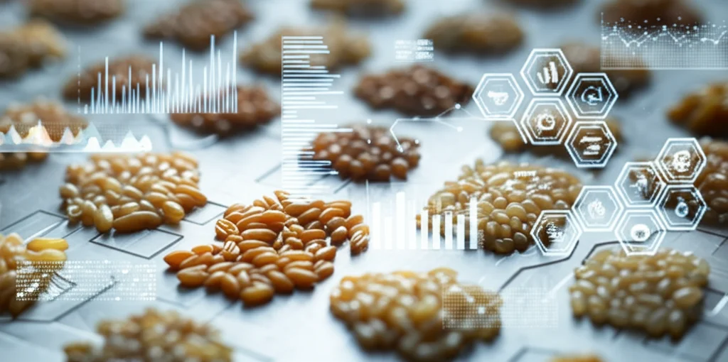 Primo piano fotorealistico di chicchi di grano di diverse varietà disposti ordinatamente su una superficie high-tech illuminata. Sovrapposizioni grafiche digitali astratte simboleggiano l'analisi tramite intelligenza artificiale. Obiettivo macro 90mm, alta definizione dei dettagli e delle texture dei chicchi, illuminazione laterale morbida che crea ombre delicate, sfondo tecnologico leggermente sfocato.