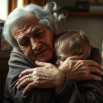 Ritratto fotografico a 35mm di un nonno o nonna over 60 che abbraccia con affetto un nipote in un ambiente domestico caldo ma modesto, profondità di campo, luce naturale morbida, espressione mista di amore e stanchezza.