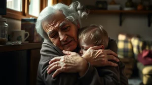 Ritratto fotografico a 35mm di un nonno o nonna over 60 che abbraccia con affetto un nipote in un ambiente domestico caldo ma modesto, profondità di campo, luce naturale morbida, espressione mista di amore e stanchezza.