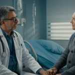 Ritratto intenso di un medico geriatra che parla con un paziente anziano seduto sul letto d'ospedale, luce naturale dalla finestra, obiettivo 50mm, profondità di campo che sfoca leggermente lo sfondo, espressioni empatiche, per rappresentare la cura centrata sul paziente e la valutazione della fragilità.