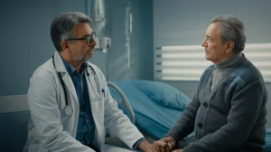 Ritratto intenso di un medico geriatra che parla con un paziente anziano seduto sul letto d'ospedale, luce naturale dalla finestra, obiettivo 50mm, profondità di campo che sfoca leggermente lo sfondo, espressioni empatiche, per rappresentare la cura centrata sul paziente e la valutazione della fragilità.