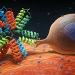 Visualizzazione 3D fotorealistica di una cellula CAR-T (struttura complessa, colori brillanti) che tenta di legarsi a una cellula leucemica B (sferica, colore più spento per indicare bassi livelli di IKAROS e antigeni CD19/CD22), sfondo nero profondo, illuminazione drammatica laterale, obiettivo prime 35mm, profondità di campo ridotta per focalizzare sull'interazione.
