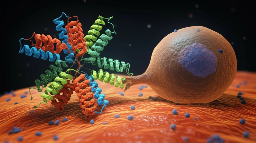 Visualizzazione 3D fotorealistica di una cellula CAR-T (struttura complessa, colori brillanti) che tenta di legarsi a una cellula leucemica B (sferica, colore più spento per indicare bassi livelli di IKAROS e antigeni CD19/CD22), sfondo nero profondo, illuminazione drammatica laterale, obiettivo prime 35mm, profondità di campo ridotta per focalizzare sull'interazione.