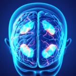 Visualizzazione artistica del cervello umano visto dall'alto, con specifiche aree (come l'area motoria supplementare e la corteccia prefrontale) evidenziate da un bagliore colorato che simboleggia l'attività neurale misurata dalla fMRI. Utilizzo di un obiettivo prime 35mm con profondità di campo ridotta per mettere a fuoco le aree illuminate, e uno schema di colori duotone (es. ciano e viola) per un look moderno e scientifico.