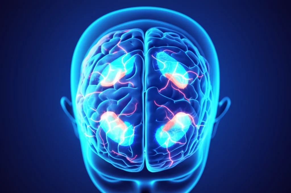 Visualizzazione artistica del cervello umano visto dall'alto, con specifiche aree (come l'area motoria supplementare e la corteccia prefrontale) evidenziate da un bagliore colorato che simboleggia l'attività neurale misurata dalla fMRI. Utilizzo di un obiettivo prime 35mm con profondità di campo ridotta per mettere a fuoco le aree illuminate, e uno schema di colori duotone (es. ciano e viola) per un look moderno e scientifico.