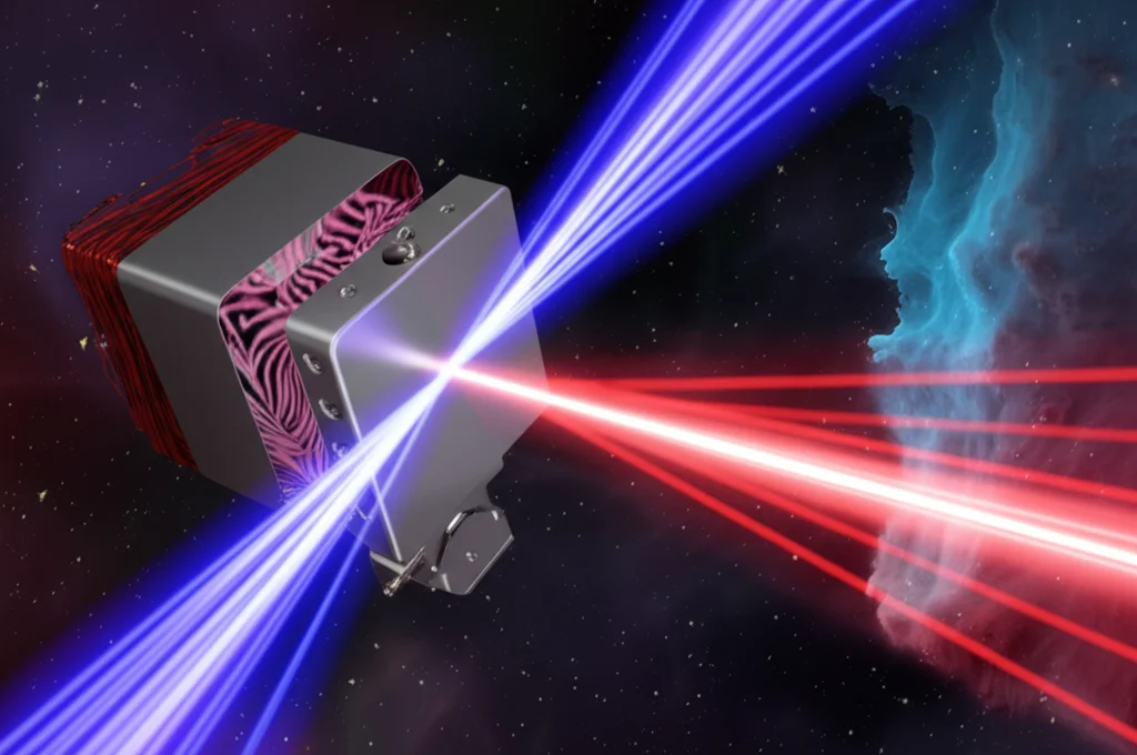 Visualizzazione artistica di un emettitore quantistico (qubit superconduttore stilizzato) che emette continuamente due fasci di luce intrecciati (entangled) di colori diversi (rosso e blu) che si propagano nello spazio. Stile fotografia wide-angle 15mm, lunga esposizione per scie luminose, focus nitido sull'emettitore, sfondo cosmico astratto con deboli nebulose. Rappresenta la generazione continua di entanglement fotonico da un sistema a due livelli guidato.