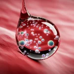 Close-up, lenti macro 60mm, alta fotografia di dettaglio di una singola goccia di sangue contenente vescicole esosomiche luminose che rilasciano microRNA, simboleggiando la scoperta di un nuovo biomarcatore per la risposta al trattamento dell'artrite reumatoide, messa a fuoco precisa, illuminazione drammatica controllata.