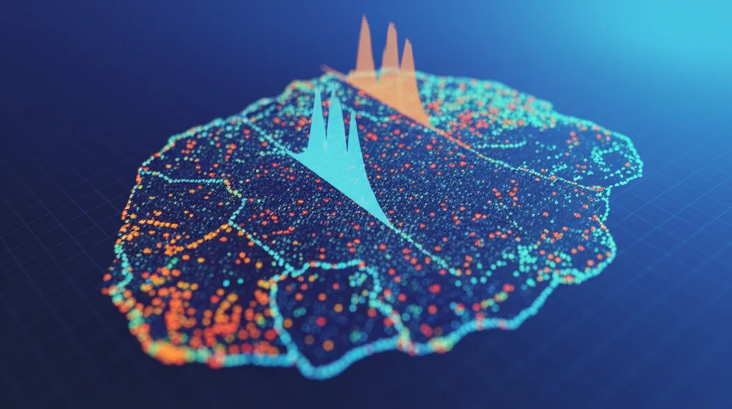 Illustrazione concettuale fotorealistica del metodo SpaNorm: una mappa spaziale 2D di un tessuto biologico (es. cervello) con punti colorati che rappresentano cellule o spot, sovrapposta a grafici lineari che simboleggiano la separazione dei segnali biologici dal rumore tecnico dovuto alla library size, prime lens 50mm, colori duotone blu scientifico e arancio caldo, alta definizione, sfondo leggermente sfocato per enfatizzare la mappa.