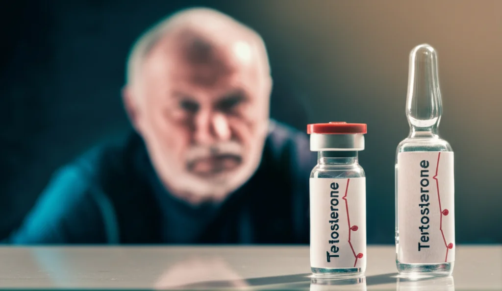 Immagine concettuale fotorealistica: una fiala di testosterone accanto a un grafico medico che mostra i livelli ormonali in calo con l'età, su uno sfondo sfocato di un uomo anziano attivo. Obiettivo prime 50mm, profondità di campo, illuminazione drammatica laterale che evidenzia la fiala e il grafico.