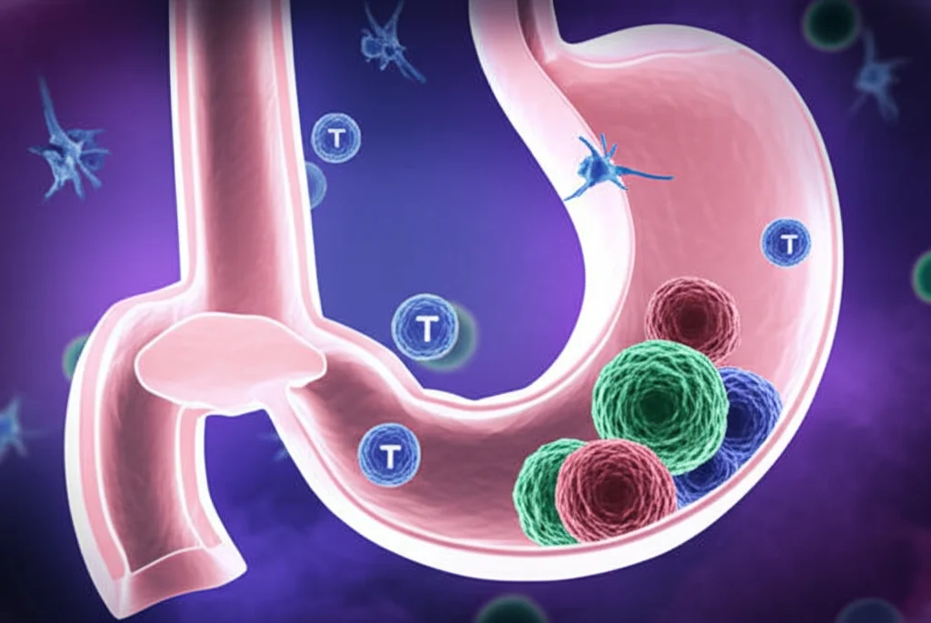Immagine fotorealistica concettuale che illustra la classificazione molecolare del cancro gastrico. Visualizzazione di tre distinti gruppi di cellule tumorali stilizzate (rappresentanti CS1, CS2, CS3 in colori diversi: rosso, grigio, verde) con diverse interazioni con cellule immunitarie (linfociti T stilizzati in blu) sullo sfondo di uno stomaco traslucido. Obiettivo prime 35mm, profondità di campo, colori duotone blu scientifico e viola per un look moderno e informativo.