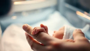 Primo piano di una mano di neonato che stringe delicatamente il dito di un adulto in un'incubatrice ospedaliera, luce soffusa e calda proveniente dall'interno dell'incubatrice, obiettivo prime 50mm, profondità di campo ridotta per enfatizzare il legame, la cura e la vulnerabilità del piccolo paziente.