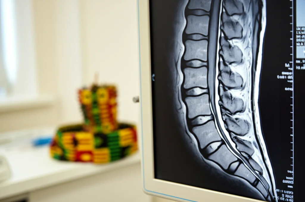Primo piano di una risonanza magnetica della colonna lombare che mostra chiari segni di degenerazione discale e spondilosi, visualizzata su uno schermo medico ad alta risoluzione in una clinica moderna. Sullo sfondo, sfocati, si intravedono elementi decorativi con motivi tessili Kente ghanesi. Fotografia medica, obiettivo macro 100mm, alta definizione, illuminazione controllata e precisa per evidenziare i dettagli patologici.