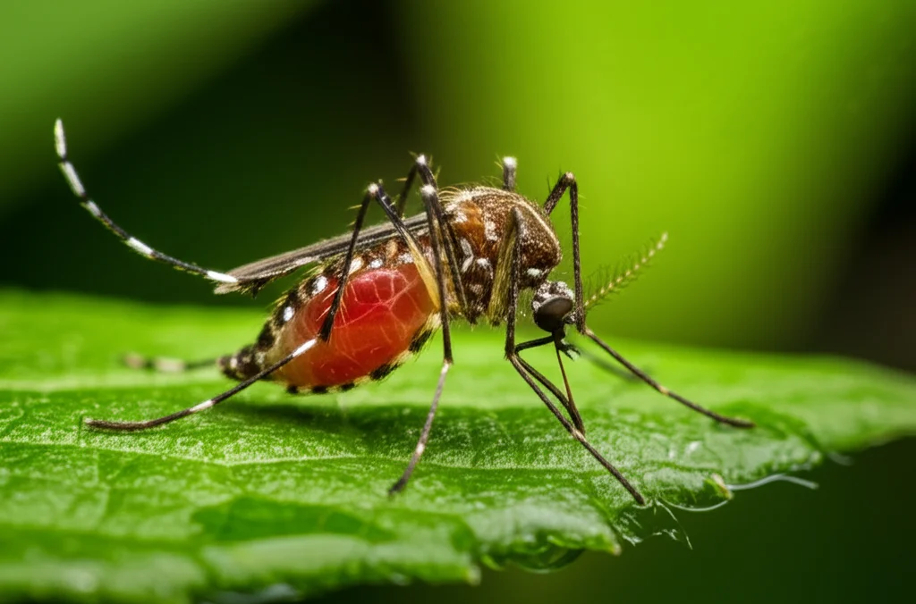 Primo piano macro di una zanzara Aedes caspius posata su una foglia umida, illuminazione controllata, obiettivo macro 100mm, alta definizione dei dettagli dell'insetto e della texture della foglia, sfondo leggermente sfocato.