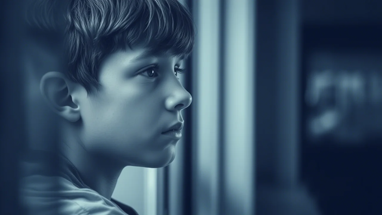 Ritratto fotografico di un adolescente pensieroso che guarda fuori da una finestra, luce naturale laterale, obiettivo 35mm, profondità di campo ridotta, toni duo blu e grigio, simboleggia la riflessione sulla salute futura e la complessità della relazione tra peso e reni.