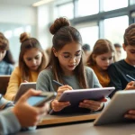 Ritratto fotografico realistico di un gruppo eterogeneo di studenti delle scuole secondarie che compilano un questionario su tablet in un'aula moderna e luminosa, obiettivo 35mm, profondità di campo che mette a fuoco gli studenti in primo piano, luce naturale dalle finestre, atmosfera concentrata ma serena.