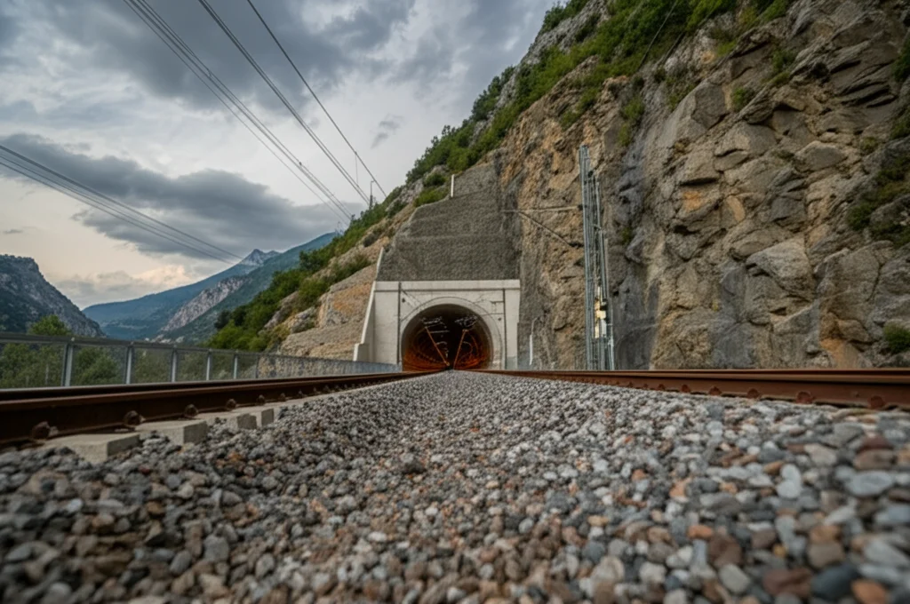 Vista frontale imponente dell'imbocco di una galleria ferroviaria HSR a quattro binari scavata nel fianco di una montagna rocciosa. La luce dorata del tardo pomeriggio illumina la scena. Obiettivo grandangolare 20mm, messa a fuoco nitida sull'intera inquadratura, dal portale della galleria fino alle montagne circostanti sotto un cielo parzialmente nuvoloso ma drammatico.
