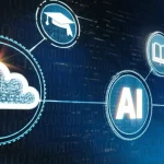 Visualizzazione astratta della trasformazione digitale nell'educazione, con icone luminose di tecnologia (AI, cloud, dati) che si intrecciano con simboli dell'apprendimento (libri, lauree) su uno sfondo blu scuro digitale, stile high-tech, alta definizione, illuminazione d'effetto.
