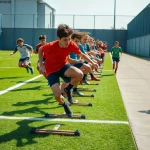 Azione dinamica di un gruppo eterogeneo di giovani calciatori (15-17 anni) a metà di un esercizio pliometrico (salti su ostacoli bassi). La scena è divisa visivamente: metà dei giocatori è su un campo in erba sintetica verde brillante, l'altra metà su un'area di cemento grigio adiacente. Fotografia sportiva, teleobiettivo zoom 200mm, fast shutter speed, action tracking, luce solare pomeridiana.