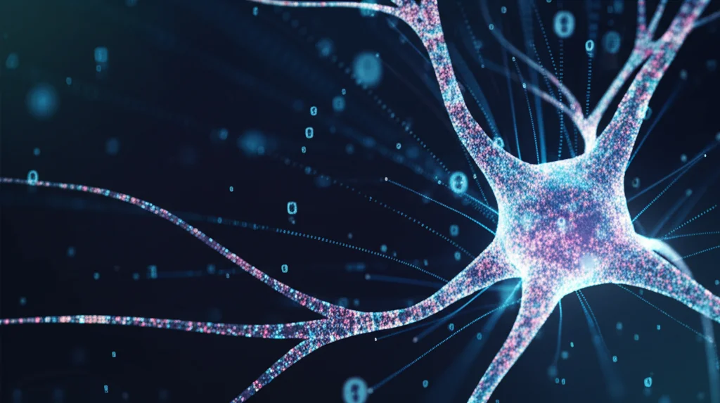 Concetto astratto di intelligenza artificiale e dati. Una rete neurale luminosa tridimensionale da cui emanano flussi di dati ricostruiti, rappresentati come stringhe binarie olografiche o punti luce fluttuanti. Sfondo scuro high-tech, high detail, illuminazione controllata che enfatizza la rete neurale, obiettivo macro 85mm per dettaglio e profondità di campo ridotta.