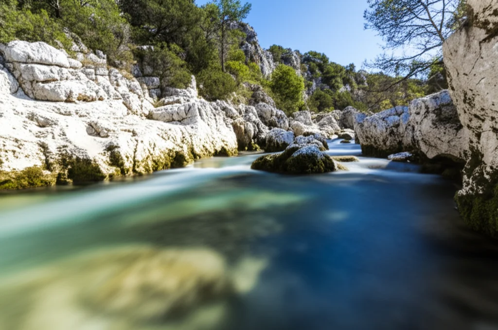Fiume che scorre attraverso un paesaggio carsico con rocce calcaree bianche evidenti sulle sponde, obiettivo grandangolare 20mm, acqua limpida che riflette il cielo azzurro, luce solare brillante, messa a fuoco nitida su tutto il paesaggio, esposizione lunga per effetto seta sull'acqua.