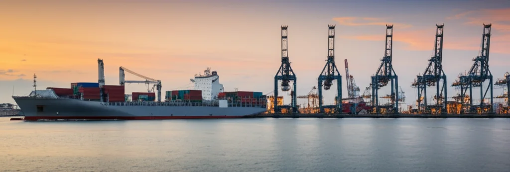 Fotografia grandangolare di una nave portacontainer high-tech che segue una rotta precisa verso un porto futuristico al tramonto, obiettivo grandangolare 15mm, lunga esposizione per rendere l'acqua liscia come seta, messa a fuoco nitida sulla nave e sul porto, cielo dai colori caldi.