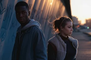 Fotografia ritratto, 35mm, di due giovani adulti (un uomo Nero e una donna Bianca) in un ambiente urbano al tramonto, esprimono tensione e distanza emotiva, non si guardano. Profondità di campo ridotta, toni bicromatici blu scuro e arancione caldo. Simboleggia le complesse dinamiche della violenza nelle relazioni giovanili e le disparità sociali.