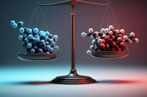 Illustrazione fotorealistica del concetto di dualità nel dolore: una bilancia microscopica con da un lato il recettore CB1 (associato a sollievo, colore blu freddo) e dall'altro il recettore TRPV1 (associato a dolore/sensibilizzazione, colore rosso caldo), con molecole di 20:4-NAPE e AEA che influenzano l'equilibrio. Lente prime 35mm, profondità di campo, toni blu e rosso duotone.