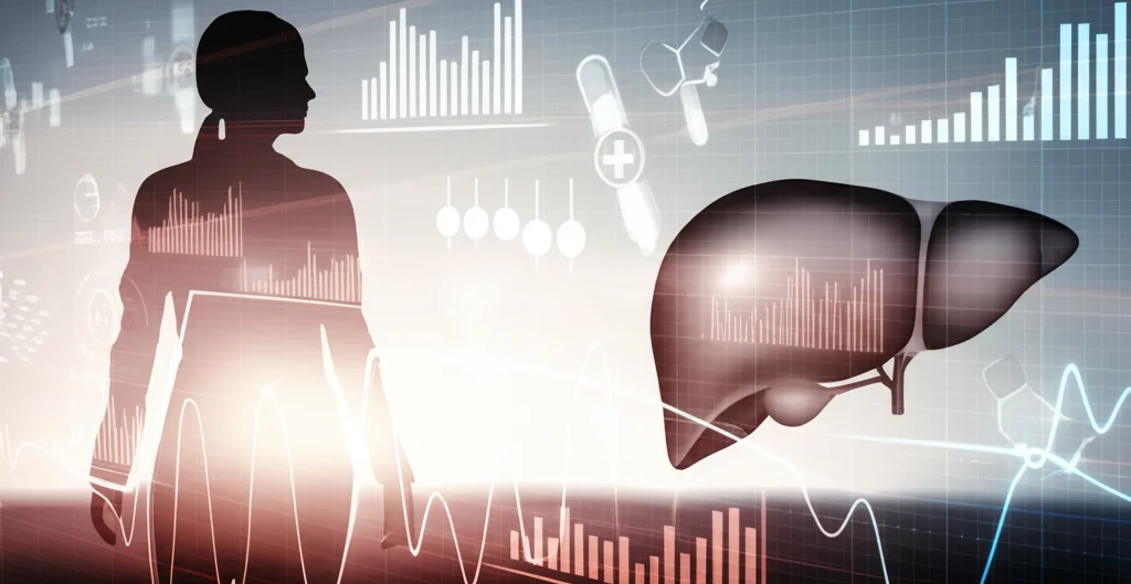 Immagine concettuale che mostra una silhouette stilizzata di una persona che guarda verso un orizzonte luminoso simboleggiante la speranza e la qualità della vita, sovrapposta a grafici astratti di dati medici e a una rappresentazione stilizzata del fegato, obiettivo 35mm, toni caldi e freddi duotone (es. blu e arancione), profondità di campo per mettere a fuoco la silhouette.