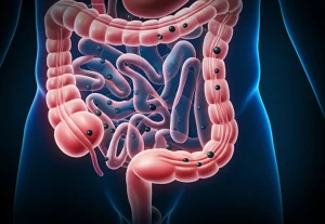 Immagine concettuale del microbiota intestinale all'interno di un colon umano stilizzato, con alcune aree illuminate che rappresentano l'interazione con particelle di ferro, sfondo scuro, focus selettivo, stile fotorealistico ma illustrativo.