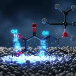 Immagine concettuale dell'ossidazione elettrochimica della lignina: una molecola stilizzata di benzil fenil etere si rompe vicino a un elettrodo Ni-Co, con radicali OH visualizzati come scintille luminose bluastre. Illuminazione drammatica, stile fotorealistico, macro lens 80mm, alta definizione.
