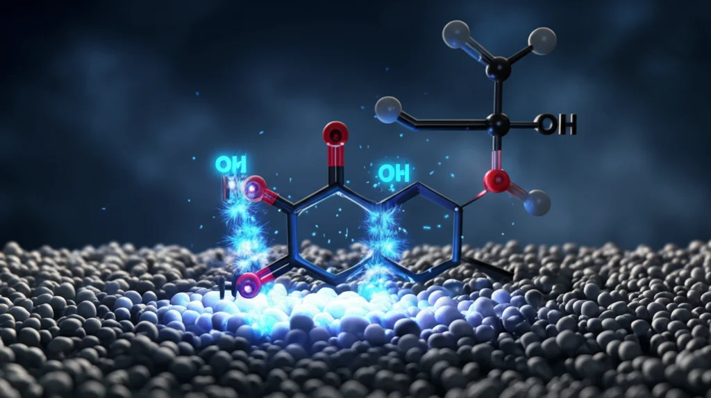 Immagine concettuale dell'ossidazione elettrochimica della lignina: una molecola stilizzata di benzil fenil etere si rompe vicino a un elettrodo Ni-Co, con radicali OH visualizzati come scintille luminose bluastre. Illuminazione drammatica, stile fotorealistico, macro lens 80mm, alta definizione.