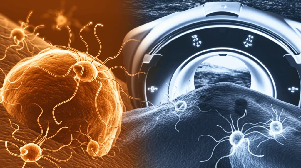 Immagine concettuale fotorealistica che mostra una doppia esposizione: da un lato, cellule tumorali attaccate da farmaci chemioterapici (visualizzate come particelle luminose), dall'altro, cellule sane che mostrano segni di stress. Il tutto sovrapposto a un'immagine stilizzata di uno scanner medico. Prime lens, 35mm, depth of field, duotone blu e arancione per contrastare efficacia e tossicità.