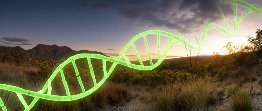 Immagine concettuale fotorealistica: una doppia elica di DNA luminescente si sovrappone a un paesaggio selvaggio e incontaminato della Tasmania al crepuscolo, wide-angle 20mm, sharp focus, simboleggiando la de-estinzione biotech e le sue implicazioni etiche sul rispetto della natura.
