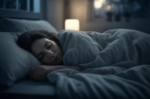 Immagine evocativa di una persona che dorme serenamente sotto un piumone accogliente, con una luce lunare soffusa che filtra dalla finestra. Obiettivo prime 50mm, profondità di campo per mettere a fuoco il viso rilassato, atmosfera tranquilla e ristoratrice, toni blu e grigi duotone.