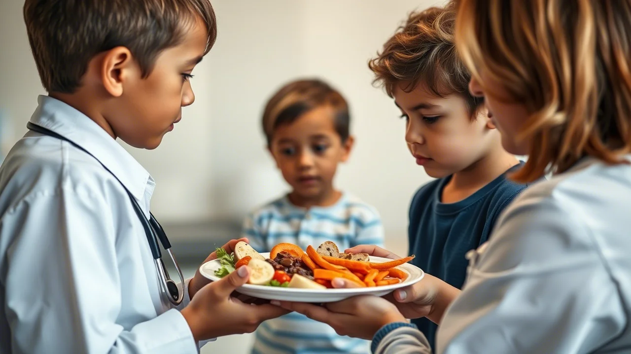 Immagine fotorealistica, lente primaria 50mm, profondità di campo, che mostra un pediatra preoccupato che parla delicatamente con un bambino (circa 8 anni) che distoglie lo sguardo da un piatto di cibo detenuto da un genitore, ambientazione clinica, illuminazione morbida, che rappresenta le sfide del trattamento ARFID.