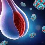 Immagine medica concettuale, obiettivo macro 100mm, che mostra un glomerulo renale umano stilizzato con evidenza di danno iniziale legato alla nefropatia diabetica, accanto a molecole proteiche SERPINE2 fluttuanti, illuminazione controllata, alta definizione.
