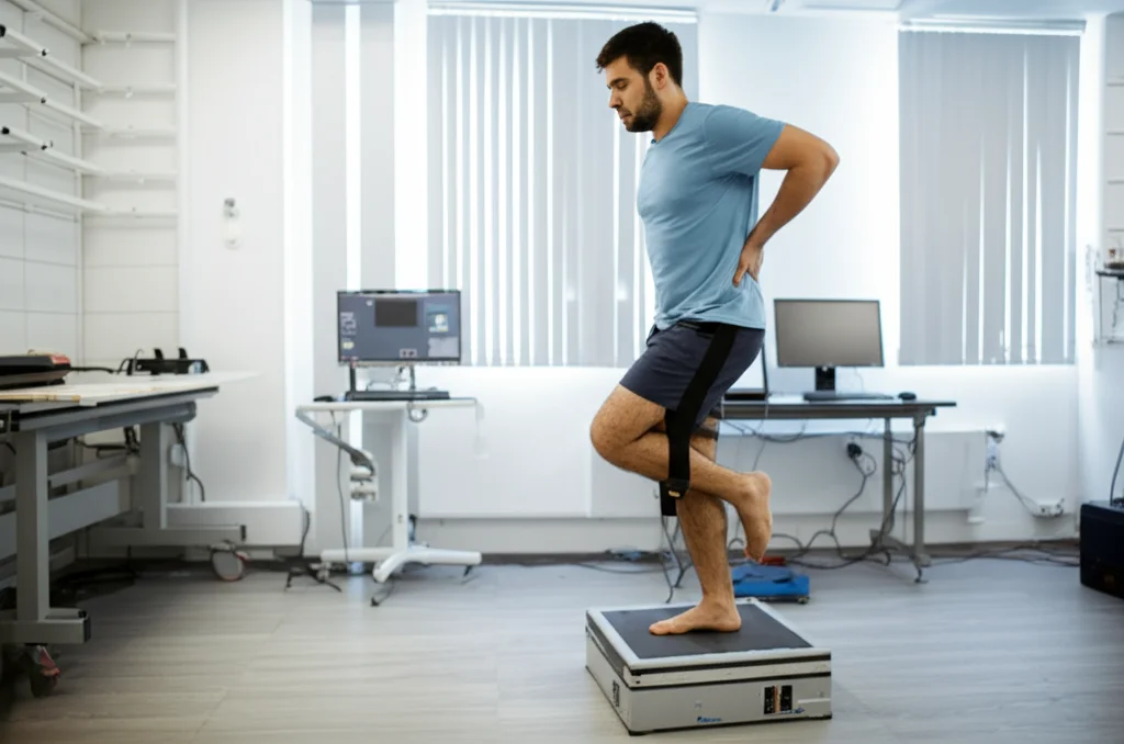 Persona con mal di schiena cronico che esegue un test di equilibrio posturale su una gamba sola sopra una pedana di forza high-tech in un laboratorio di ricerca, prime lens 35mm, depth of field per sfocare lo sfondo, luce clinica controllata, espressione concentrata.