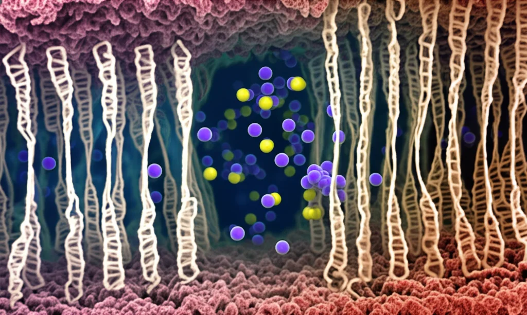Prime lens, 35mm, depth of field, immagine concettuale di un canale ionico TMEM16A (struttura proteica complessa) bloccato da una nuova molecola inibitrice (N066-0059, visualizzata in dettaglio nel sito di legame), con ioni cloruro (piccole sfere) che non riescono a passare attraverso il poro ostruito, sfondo astratto che richiama processi cellulari e la complessità della ricerca farmacologica.