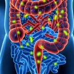 Visualizzazione artistica ma scientificamente accurata del microbiota intestinale umano, con diversi ceppi batterici colorati che interagiscono all'interno di una rappresentazione stilizzata del colon. Macro lens, 100mm, high detail, controlled lighting, focus su batteri benefici (alcuni luminosi) che prosperano grazie all'azione di un sinbiotico.