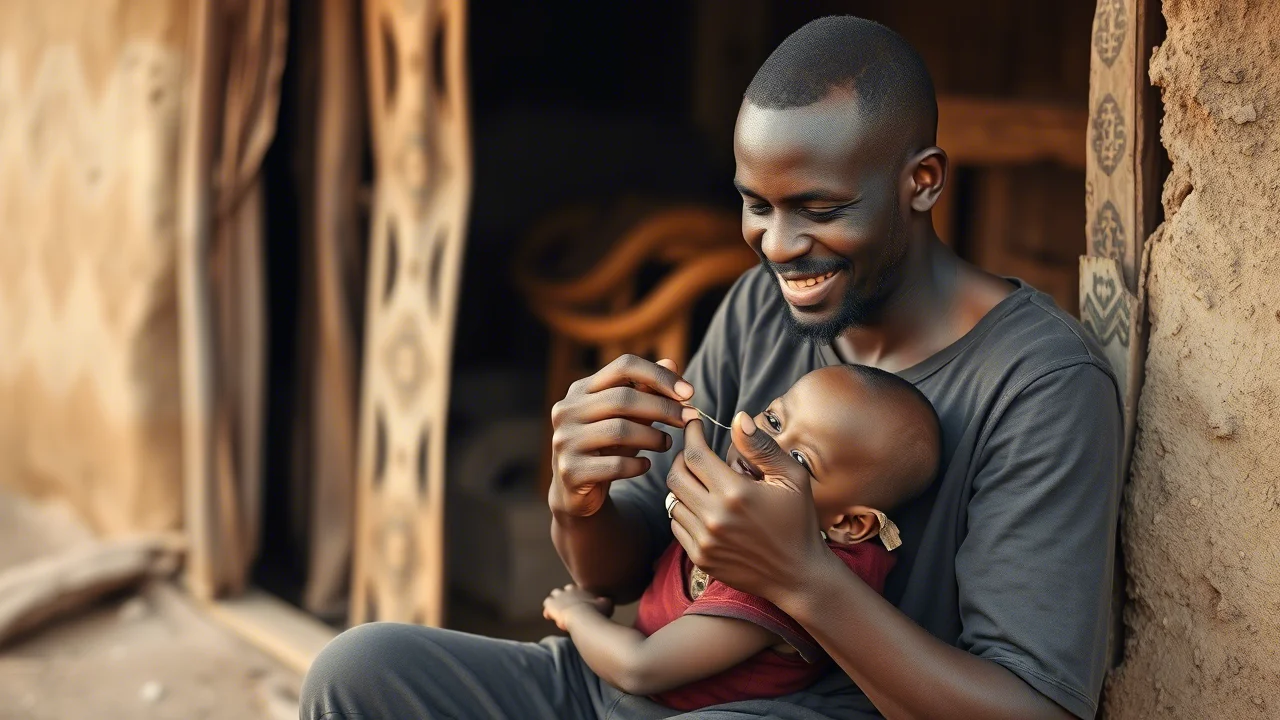 Fotografia ritratto toccante, un padre Etiope imbocca con cura il suo bambino seduto su un seggiolone improvvisato fuori da una capanna a Jinka, Etiopia. Luce naturale morbida, obiettivo 50mm, profondità di campo che sfoca leggermente lo sfondo, espressione affettuosa del padre.