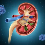 Immagine concettuale di un rene umano stilizzato con piccole molecole di RNA (piRNA) evidenziate che interagiscono con il DNA al suo interno, visualizzazione scientifica medica, obiettivo macro 80mm, illuminazione drammatica laterale, alta definizione dei dettagli molecolari, focus selettivo sulle molecole di piRNA, sfondo scuro e astratto.