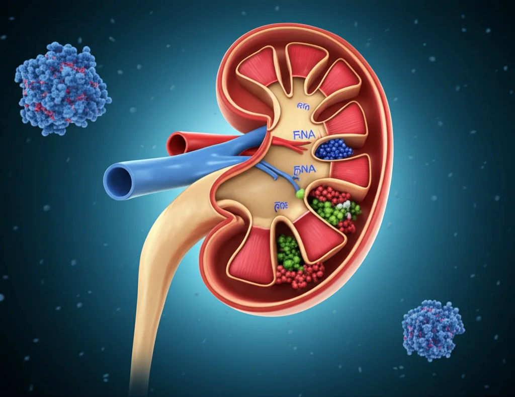 Immagine concettuale di un rene umano stilizzato con piccole molecole di RNA (piRNA) evidenziate che interagiscono con il DNA al suo interno, visualizzazione scientifica medica, obiettivo macro 80mm, illuminazione drammatica laterale, alta definizione dei dettagli molecolari, focus selettivo sulle molecole di piRNA, sfondo scuro e astratto.