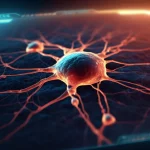 Immagine concettuale fotorealistica che mostra una rete neurale astratta e luminosa che genera un'immagine dermatoscopica ultra-realistica di un melanoma su uno schermo digitale high-tech. Obiettivo prime 50mm, profondità di campo, illuminazione drammatica blu e arancio duotone.
